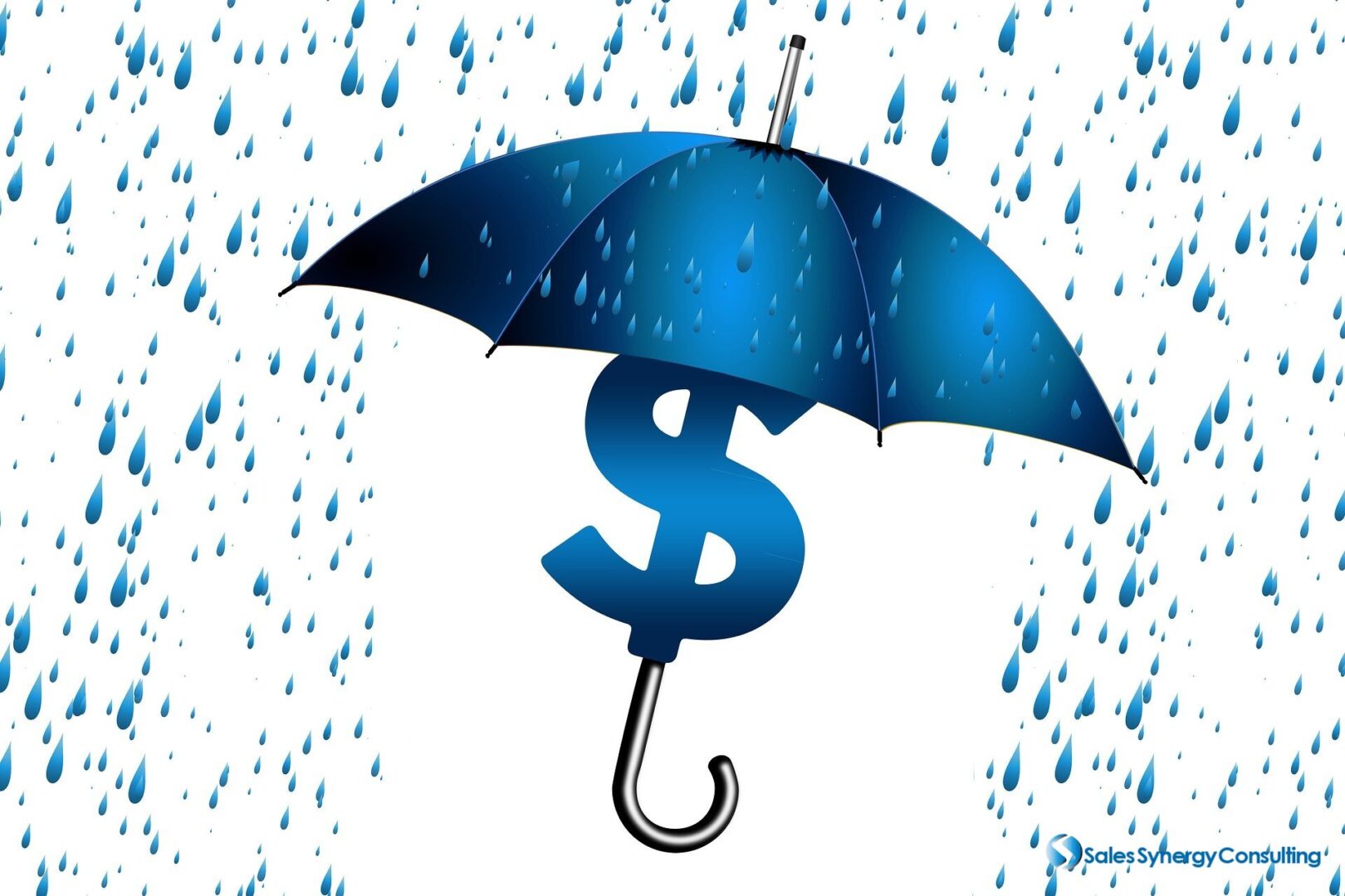 Graphics of a blue umbrella with a dollar sign handle showered by blue raindrops