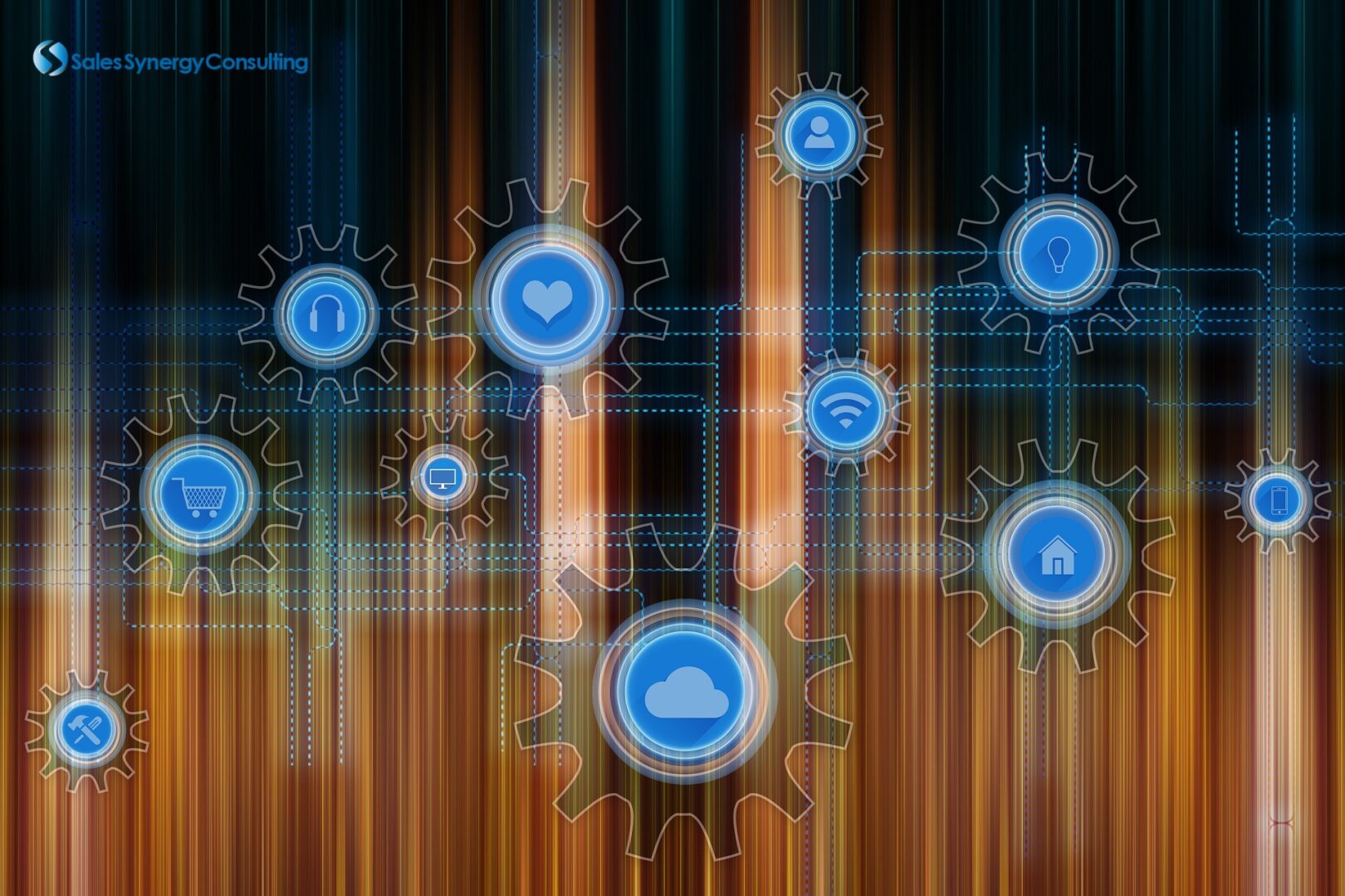 Outlines of mechanical gears housing blue circles with different icons