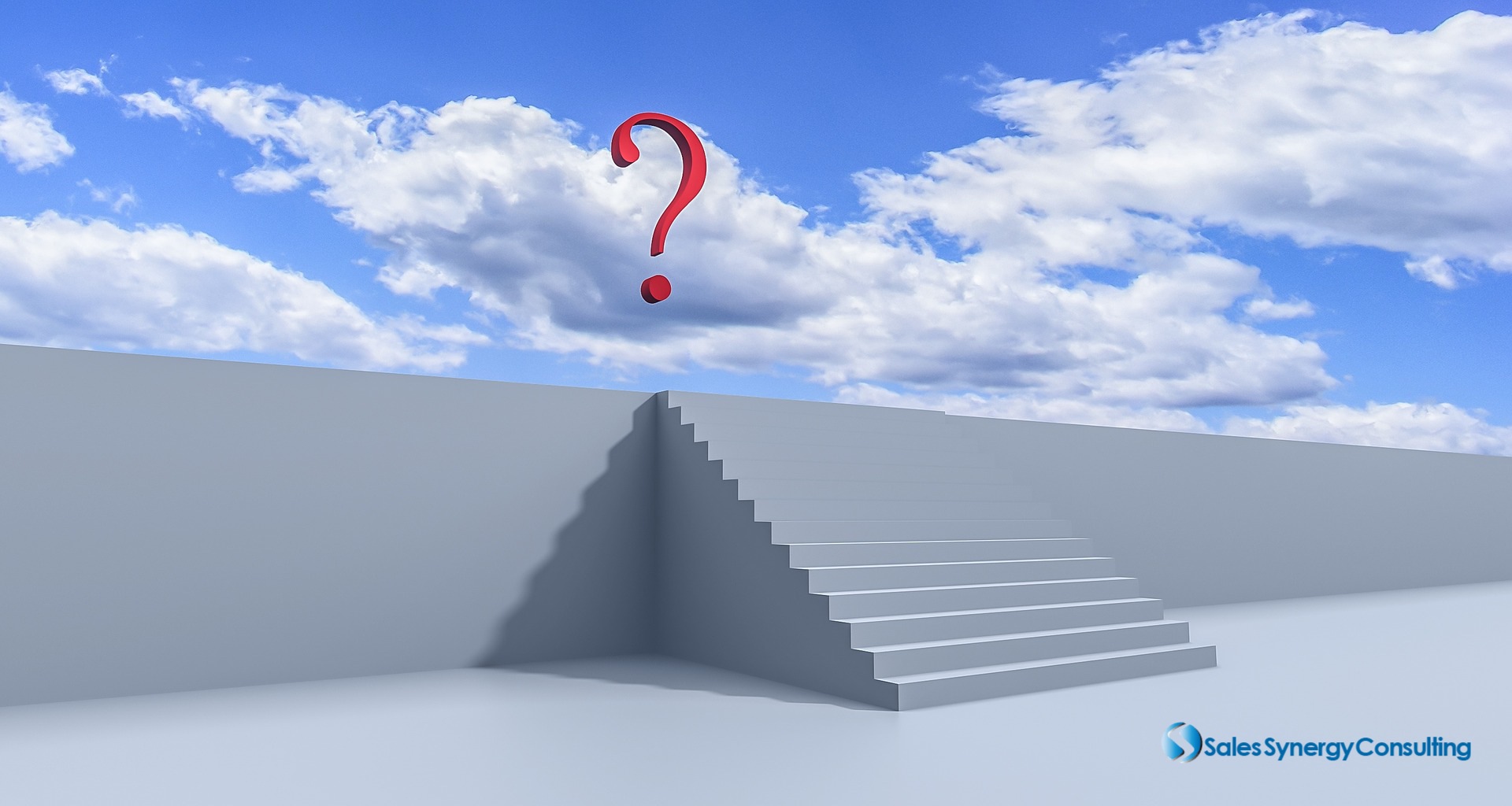 Grey graphics of a staircase on a platform with a floating question mark and a background of the afternoon sky